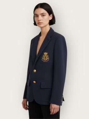 Ralph Lauren Womens Bullion Jacquard Blazer Size 2 Avitar Navy Blue Preppy Busin